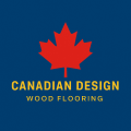 Canadian Design Wood Flooring logo featuring a red maple leaf above yellow text on a dark blue background.