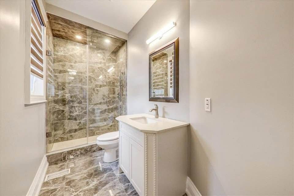 Compact Marble-Tiled Walk-In Shower Bathroom