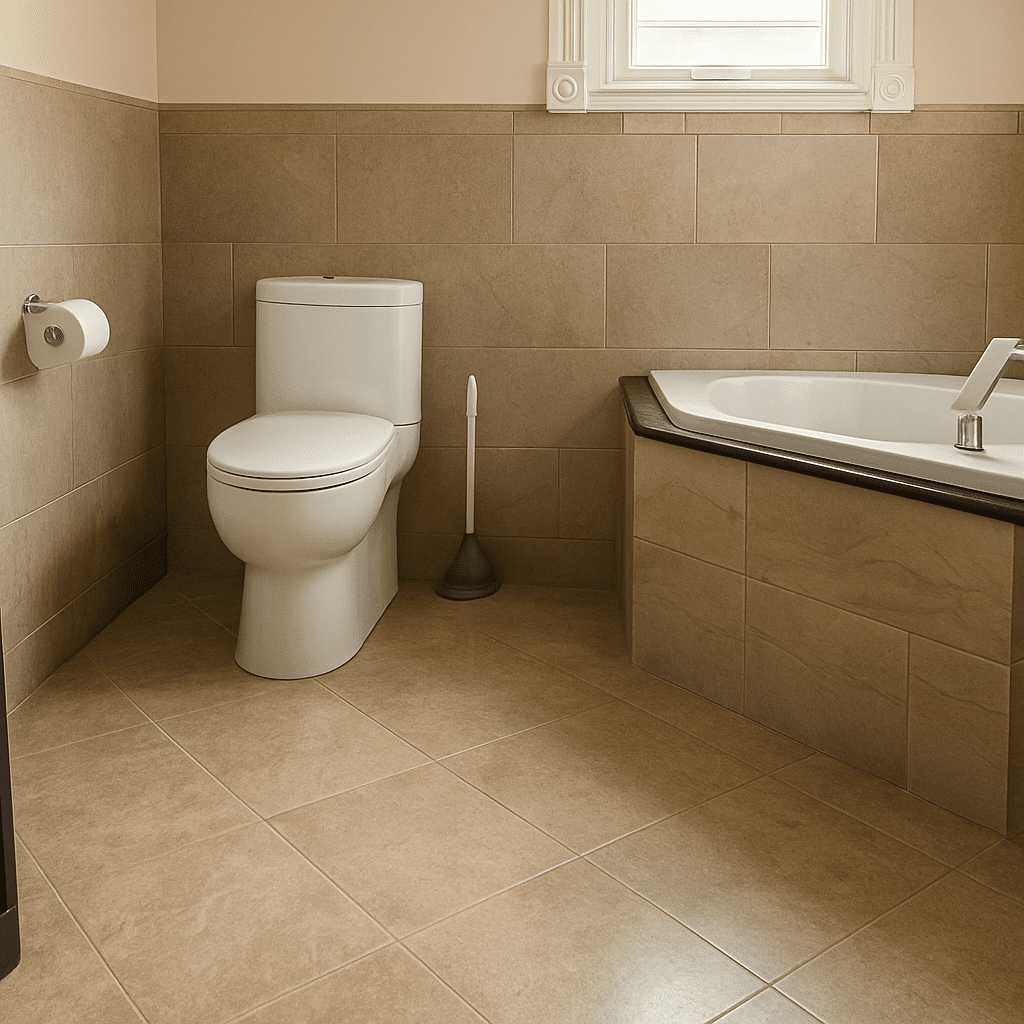 North York bathroom featuring a corner drop-in bathtub with chrome faucet, modern white toilet, beige ceramic wall and floor tiles, and natural light from a shuttered window.