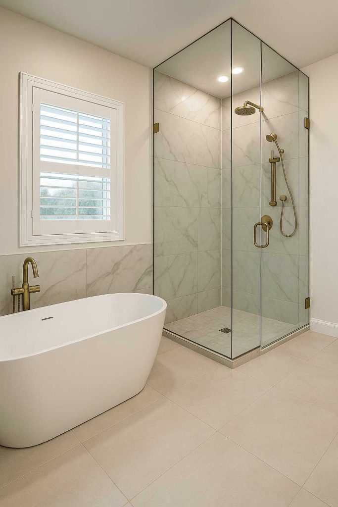 Elegant East Toronto bathroom featuring a freestanding white bathtub, frameless glass corner shower with gold fixtures, large marble-look tiles, and soft neutral flooring.