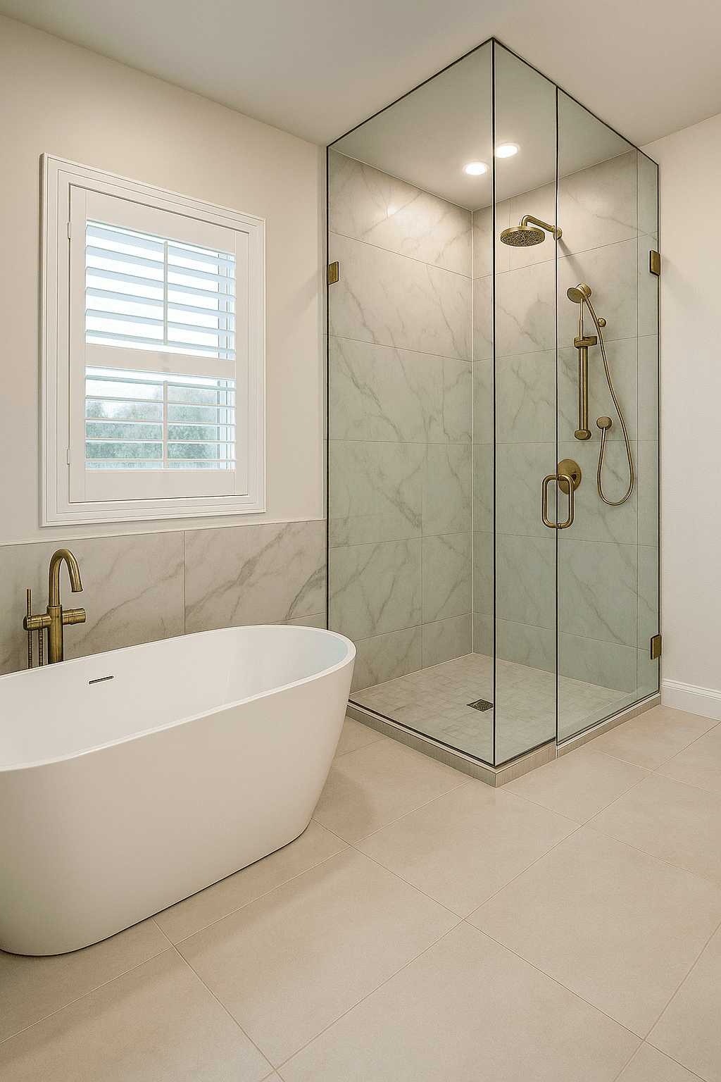 Elegant East Toronto bathroom featuring a freestanding white bathtub, frameless glass corner shower with gold fixtures, large marble-look tiles, and soft neutral flooring.
